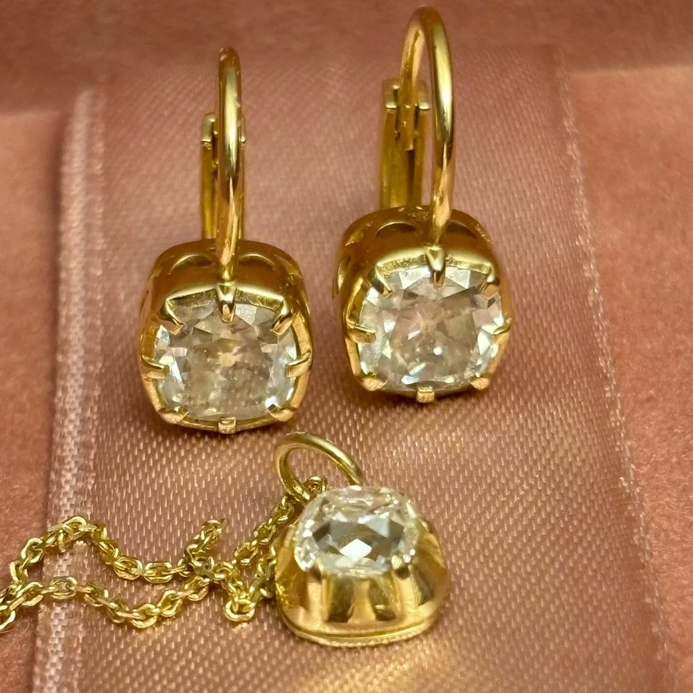Antique old mine cut diamond collet setting necklace 14kt gold - Picture 2 of 8